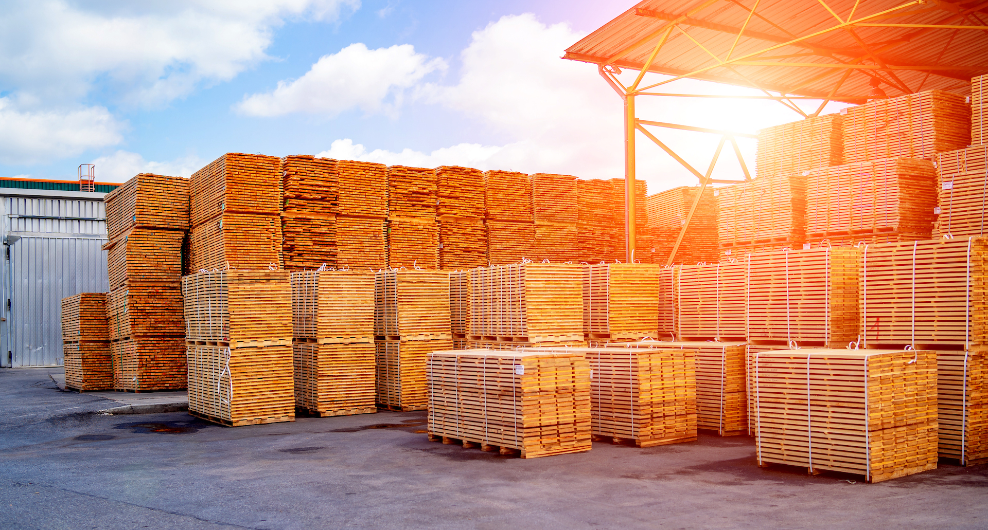 Warehouse interior, pallets with goods. Open-air. Transportation and logistic.